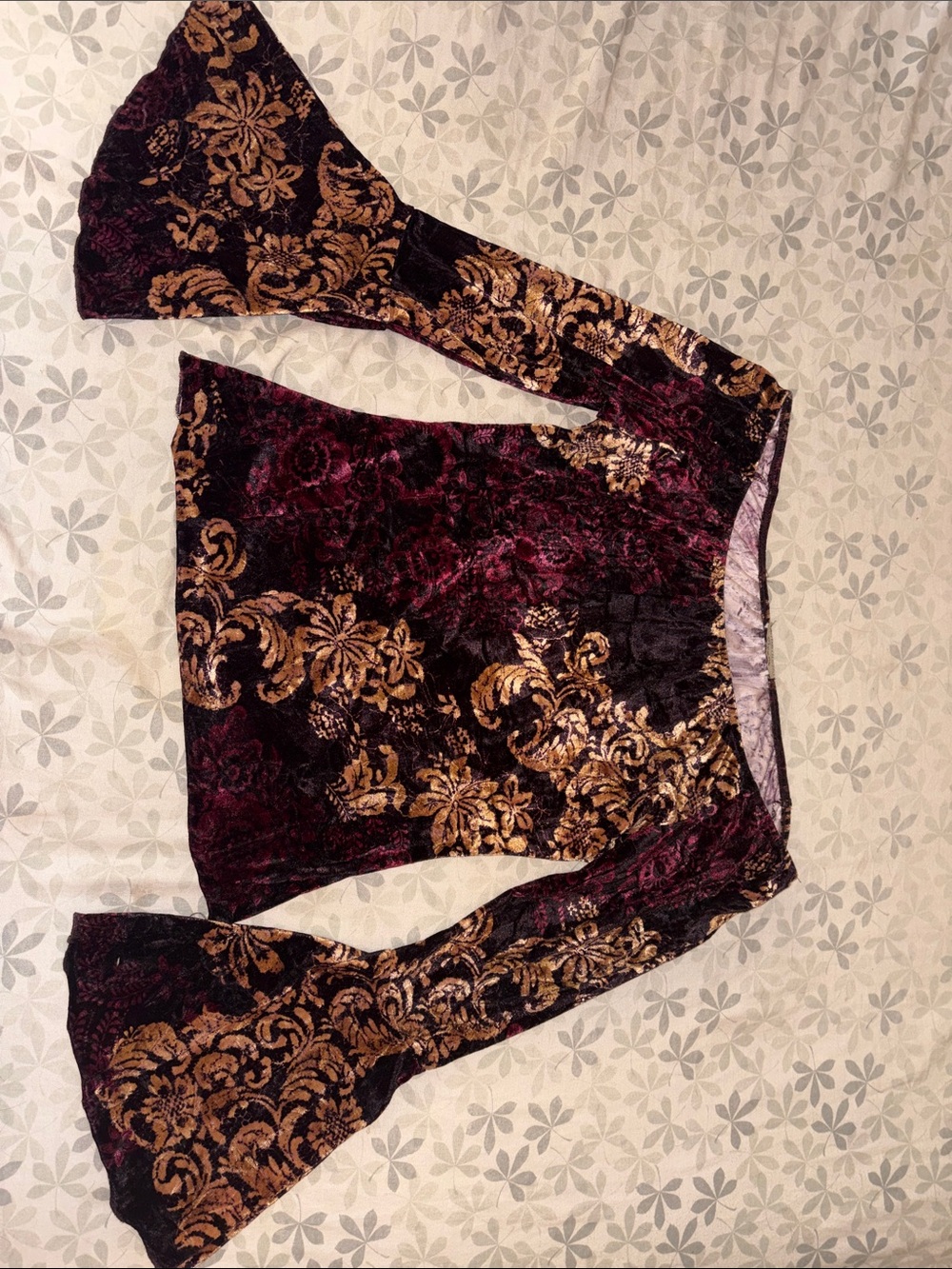 Velvet Floral Burnout Bell Sleeve Top - Burgundy and Gold